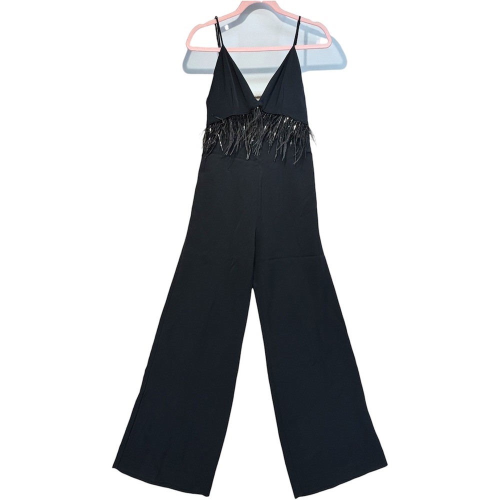 Saylor Jumpsuit Womens Size Medium Black Ostrich Feather Trim Wide Leg V-Neck